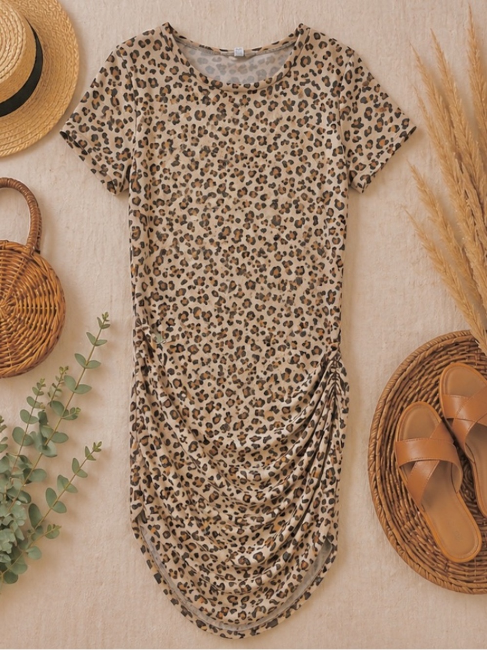Leopard Print Ruched Tee Dress - Beige Brown Black